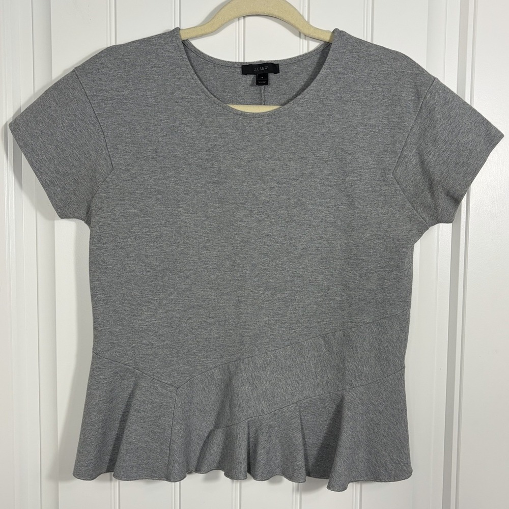 J.Crew Gray Peplum Top Size Small Short Sleeve Stretch Knit Ruffle Hem Blouse